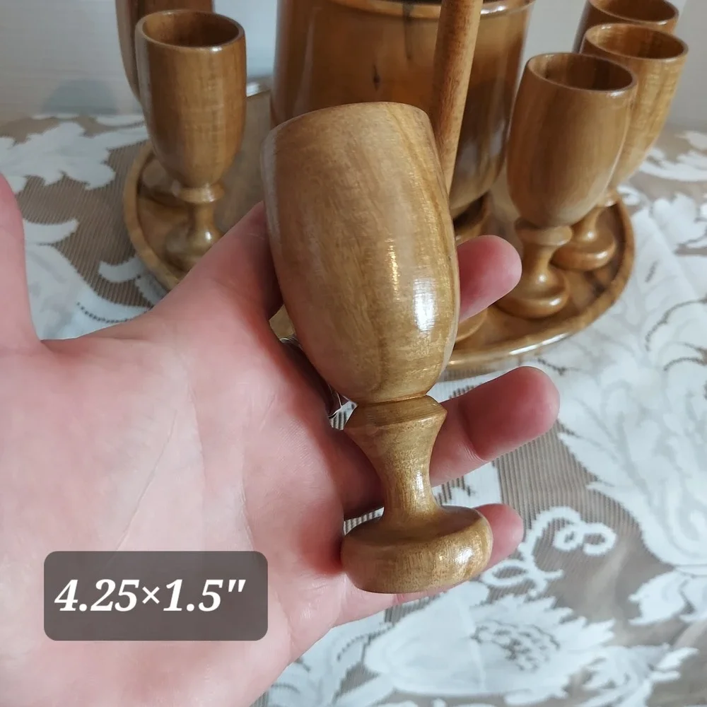 Vintage Hand Turned Wood Decanter Set 6 Goblets Tray Mid Century Modern Barware